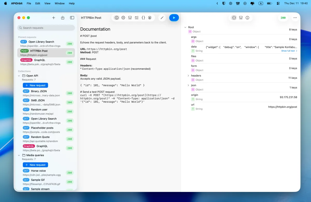 API Orbit displaying rendered Markdown documentation for an HTTPBin POST request alongside the JSON response viewer