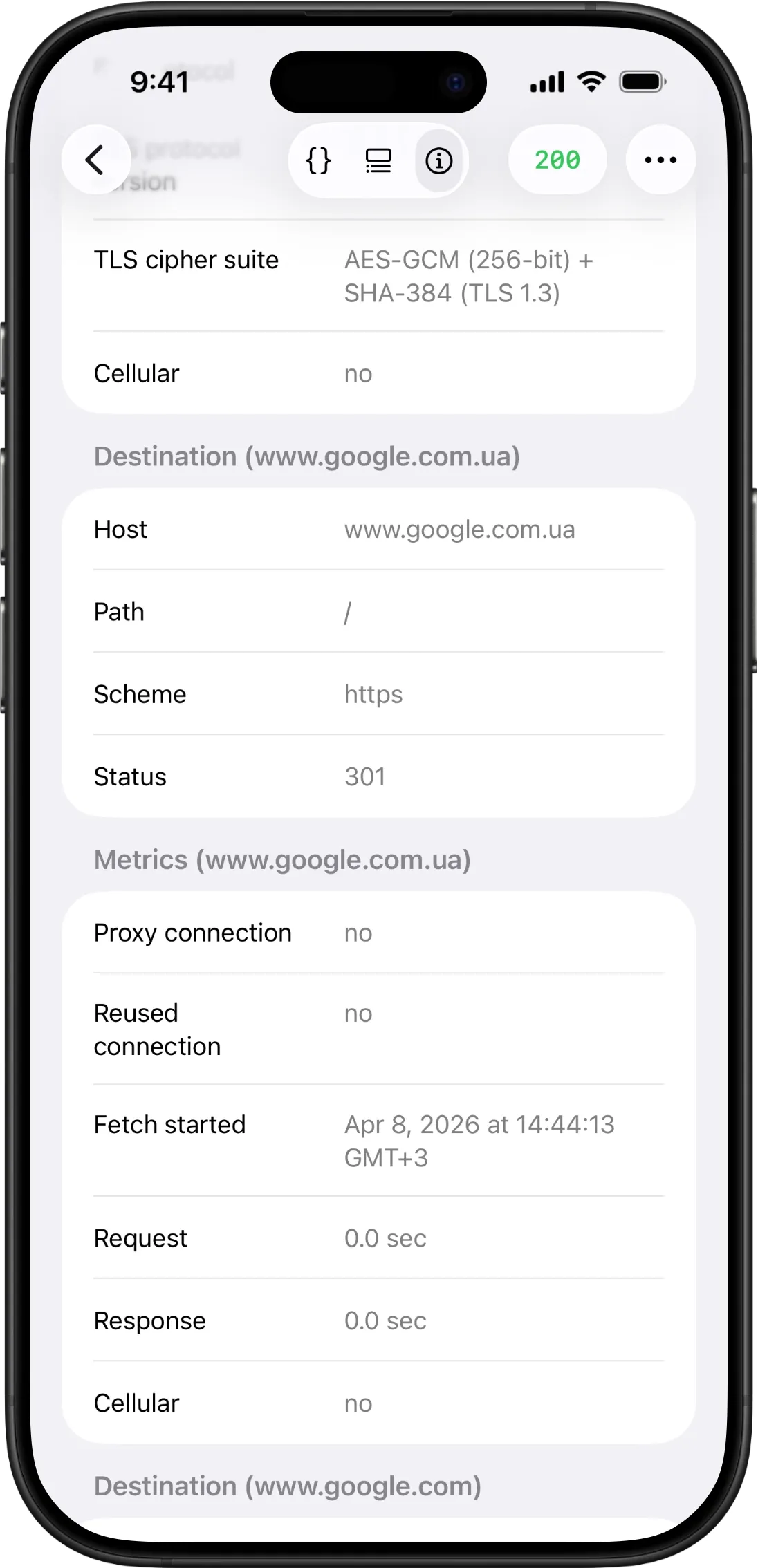 Intermediate 301 redirect showing destination and metrics for www.google.com.ua