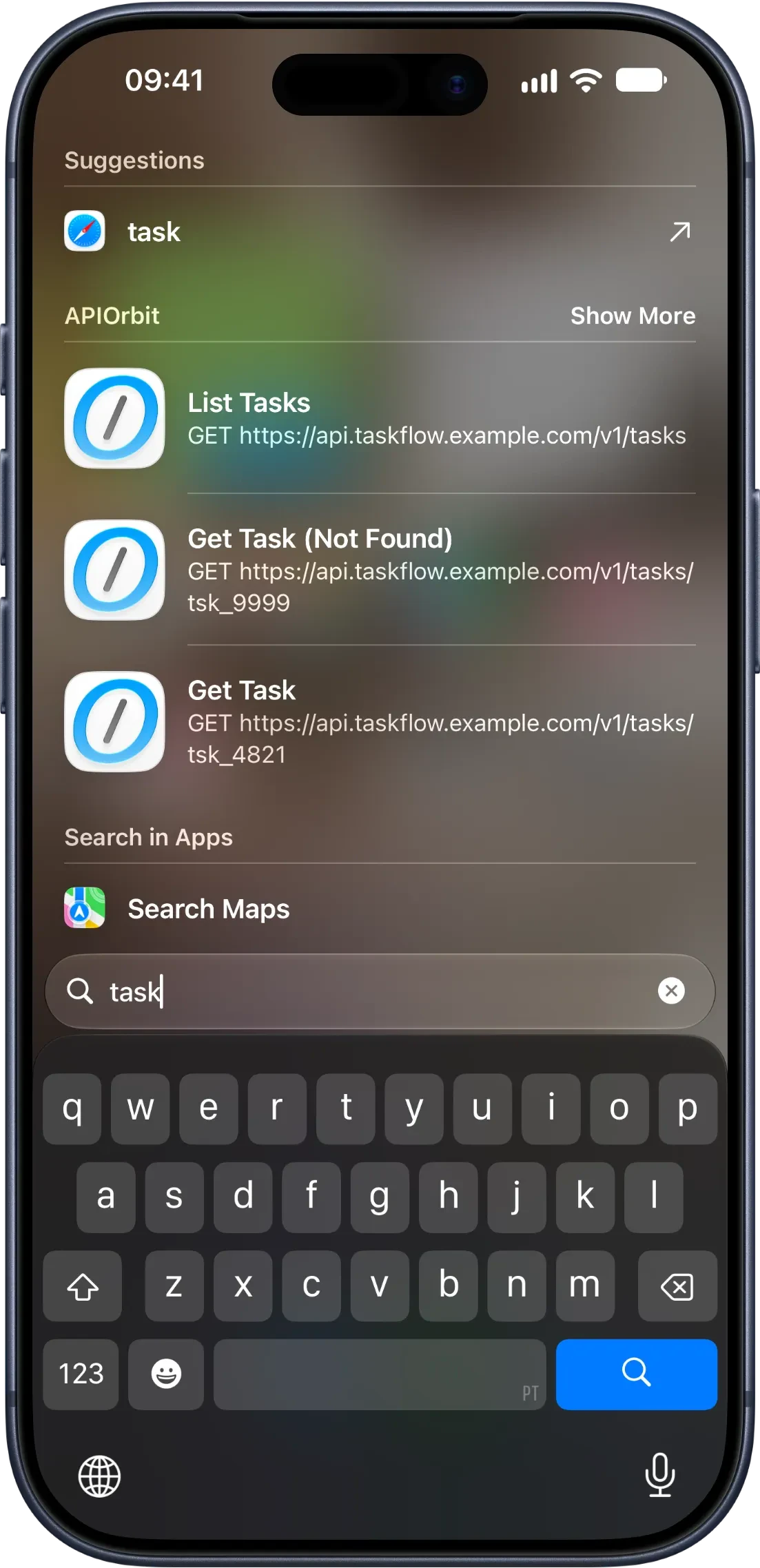 iPhone Spotlight search for "task" showing an APIOrbit section with three matching saved requests — List Tasks, Get Task (Not Found), and Get Task — each labeled with its HTTP method and URL