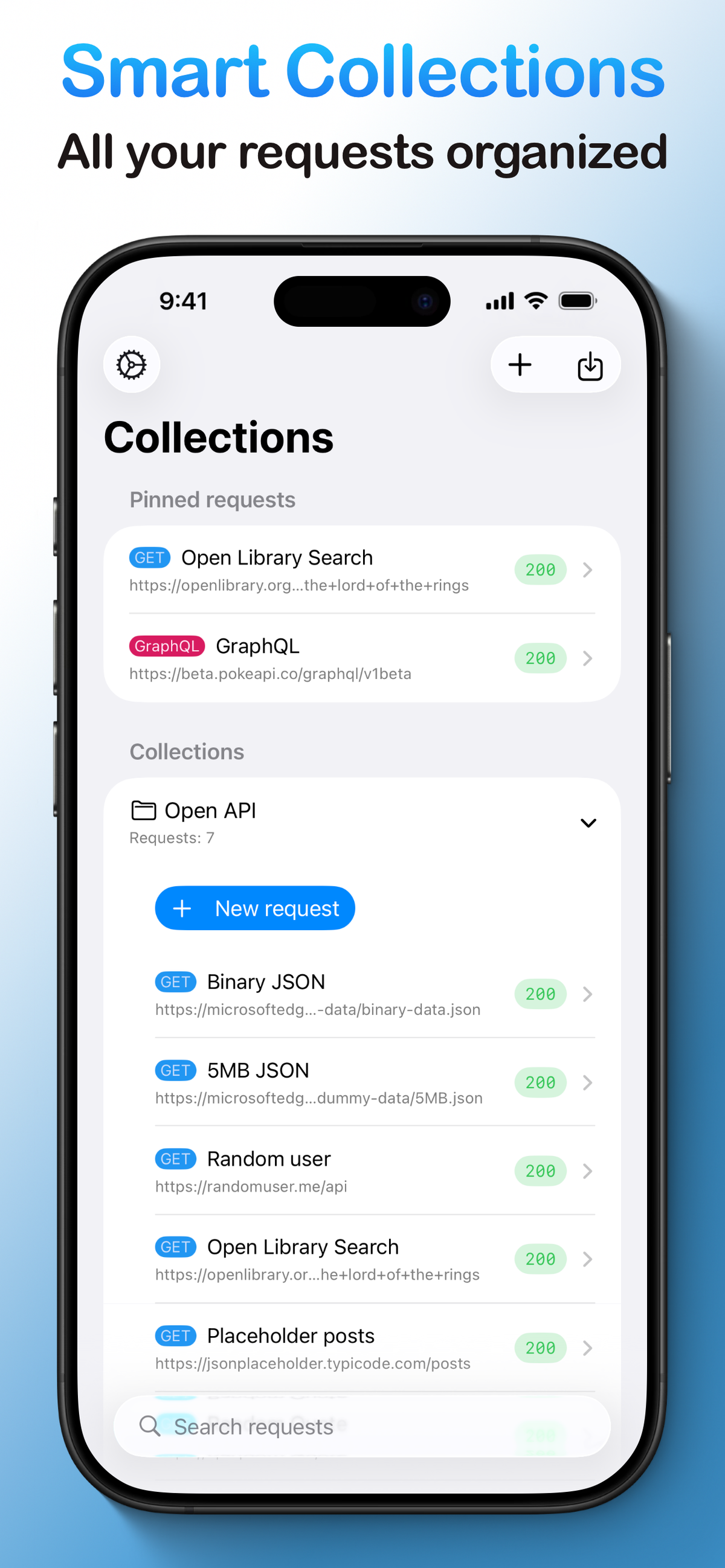 The collections screen of the app, organizing various API requests like 'Random user' and 'GraphQL' into expandable folders.