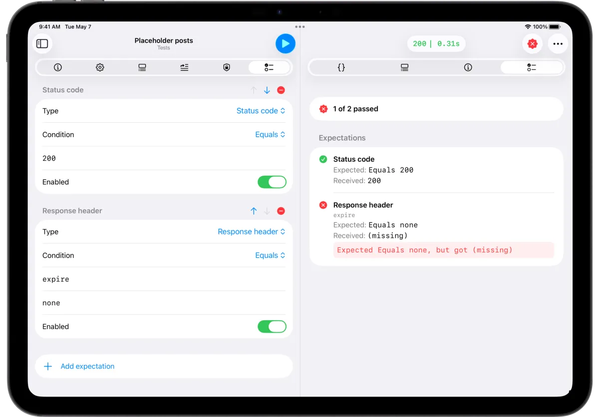 APIOrbit on iPad showing API test results:
