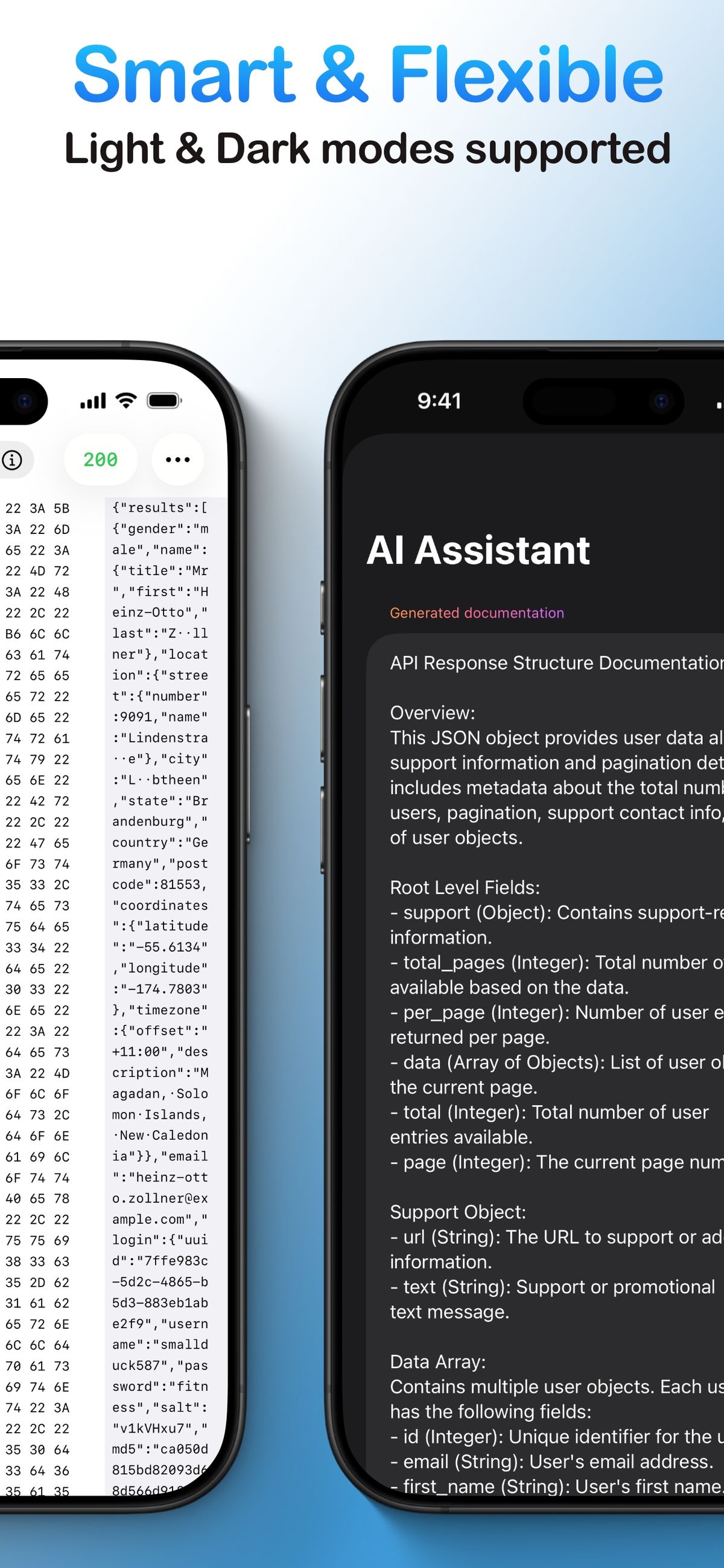 The API client app displayed on two iPhones, one in light mode and the other in dark mode, showcasing the theme flexibility.
