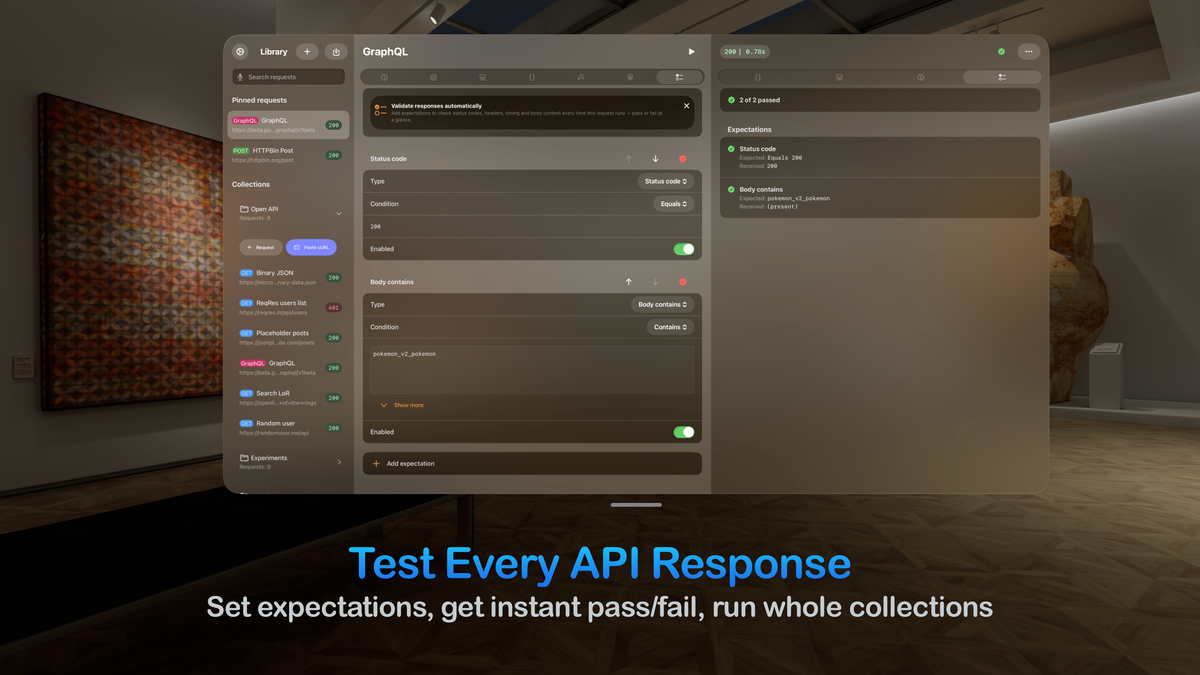 API Orbit on Apple Vision Pro in a spatial environment with the headline "Test Every API Response," showing test expectations and a "2 of 2 passed" results panel floating in view.