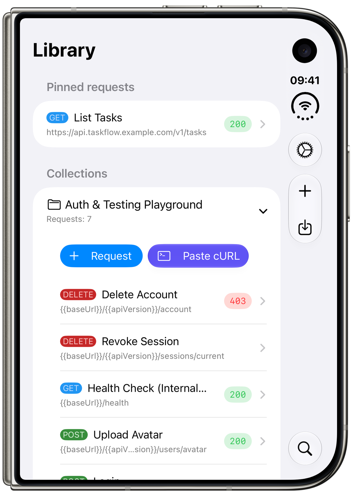 iPhone Duo folded, cover screen in portrait. The Library lists a pinned GET List Tasks request with a 200 badge, then the Auth & Testing Playground collection expanded with seven requests, + Request and Paste cURL buttons, and requests such as Delete Account (403), Health Check (200) and Upload Avatar (200).