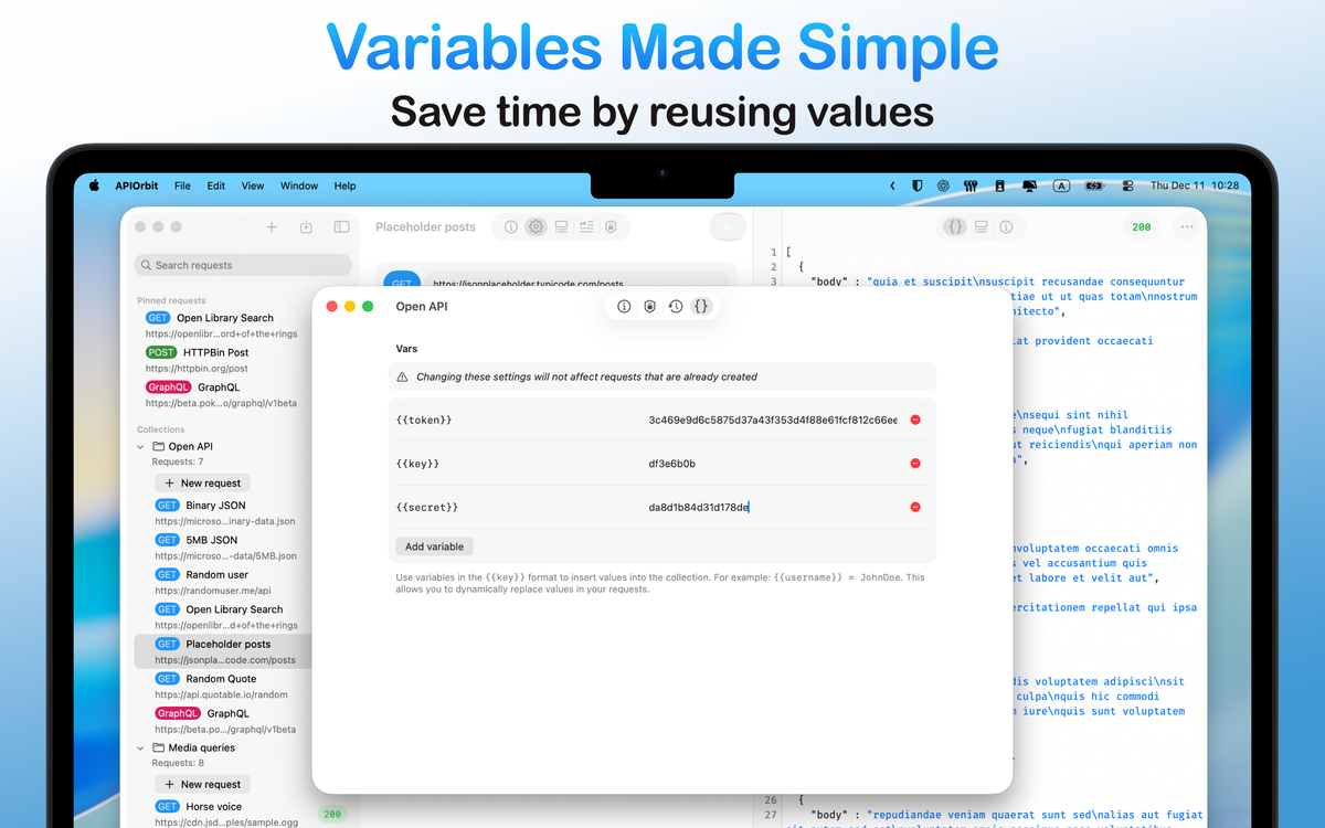 The variables management interface in the API client app on a MacBook, simplifying the reuse of values like tokens and keys across requests.