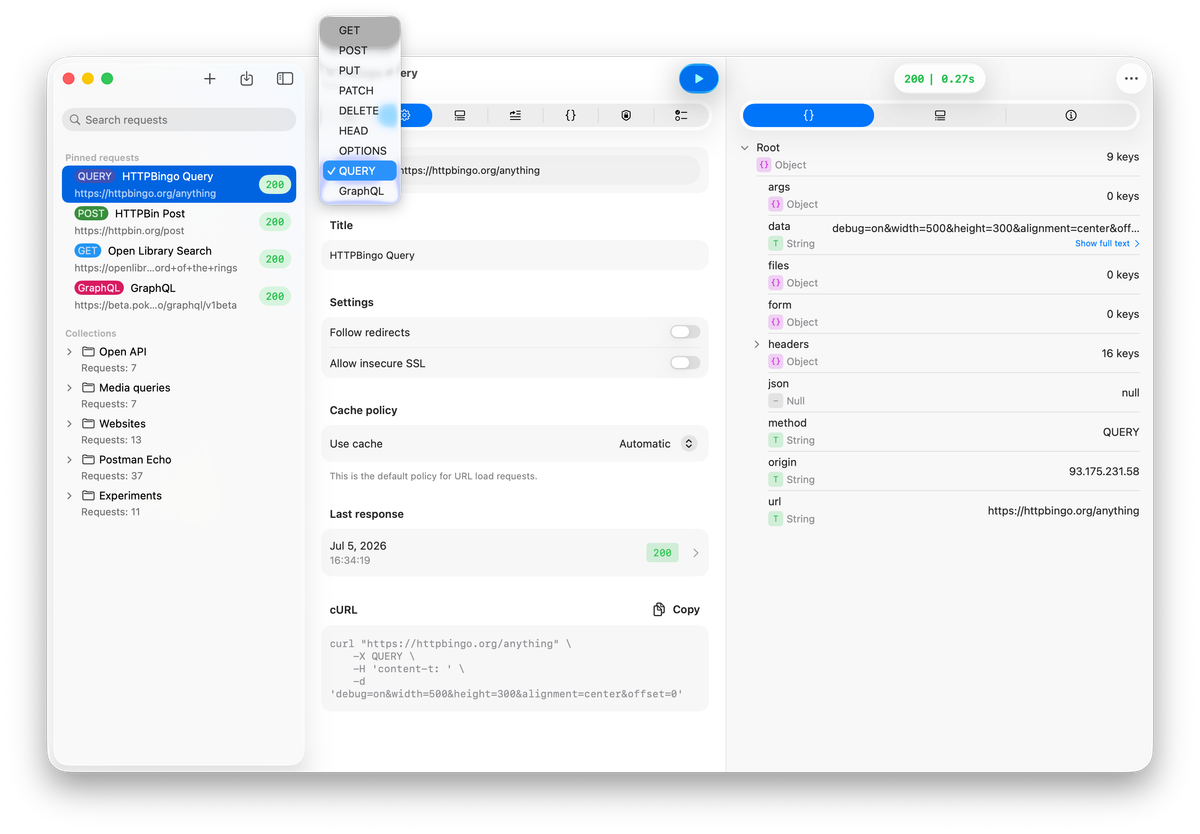 APIOrbit method picker on Mac showing the full list of HTTP methods with the QUERY option highlighted in an indigo badge