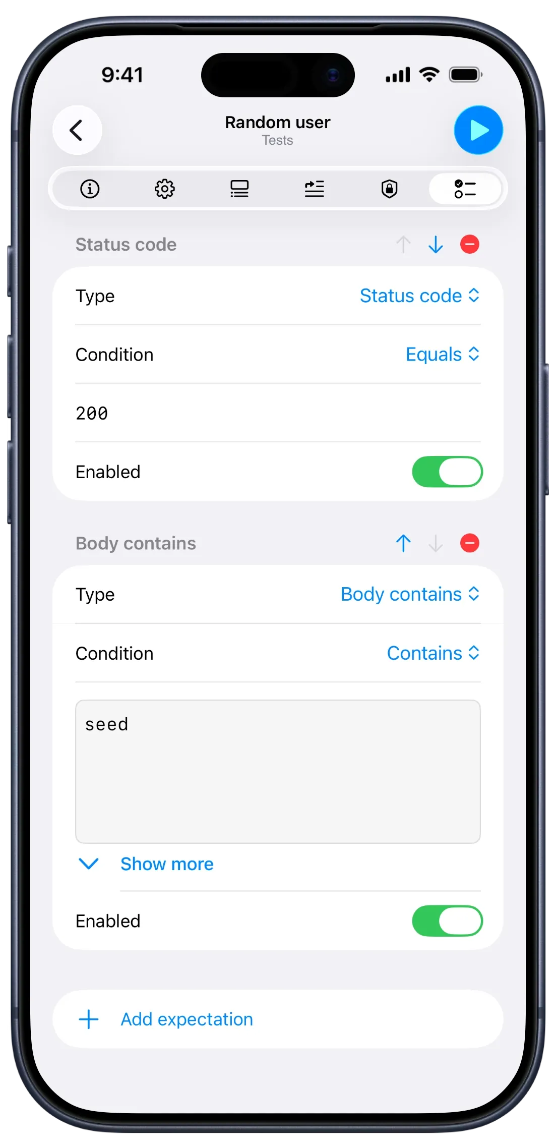 APIOrbit on iPhone showing the Tests tab for a