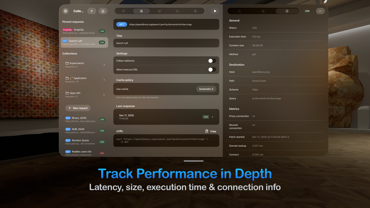 Tracking API performance metrics like latency and execution time using the app's floating interface on visionOS.