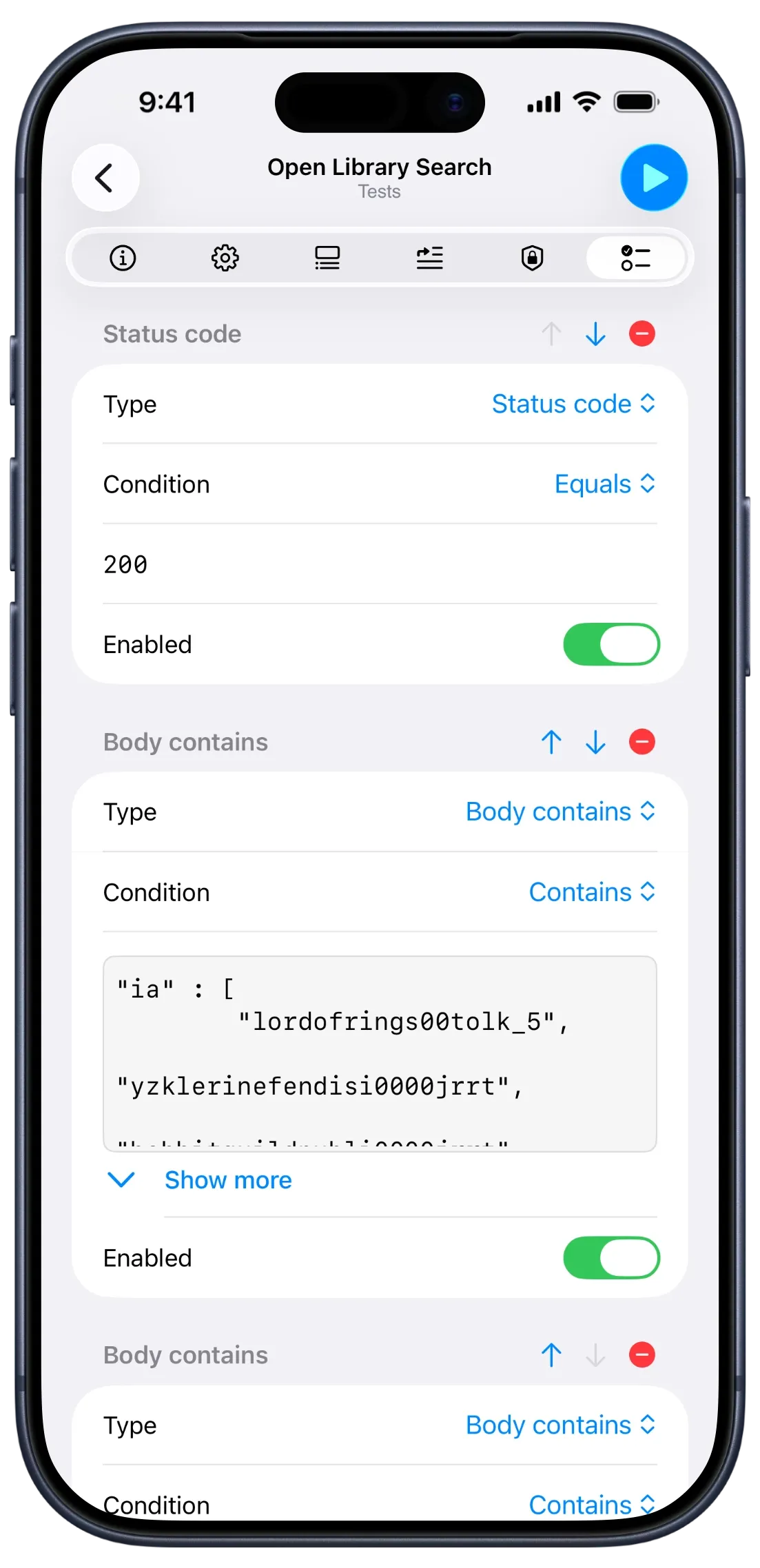 APIOrbit on iPhone showing the Tests tab for an