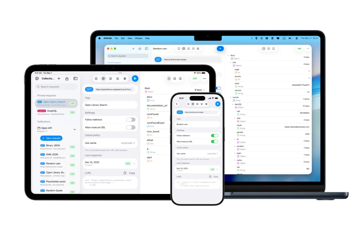API Orbit app interface displayed on MacBook, iPad, and iPhone, showing the same API request and response synchronized across devices via iCloud.