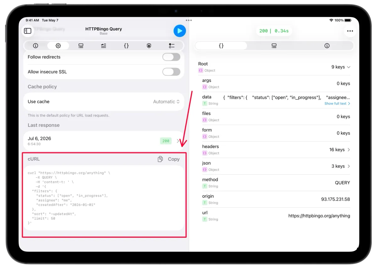 APIOrbit cURL block with a Copy button on iPad showing a generated curl command with `-X QUERY` and a JSON body flag