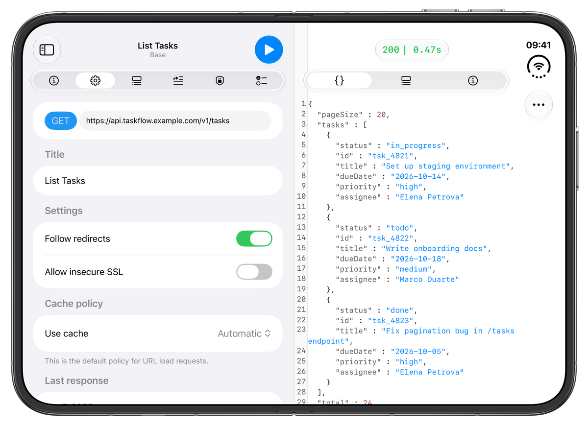 iPhone Duo unfolded. The right panel shows the same response as raw, line-numbered, syntax-highlighted JSON listing three tasks with status, id, title, dueDate, priority and assignee.