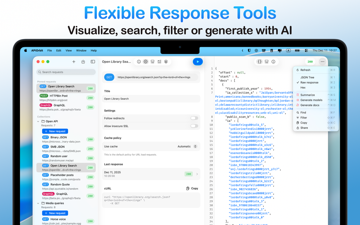 The API client app on a MacBook, showing flexible response tools for visualization, searching, filtering, and AI-generation.