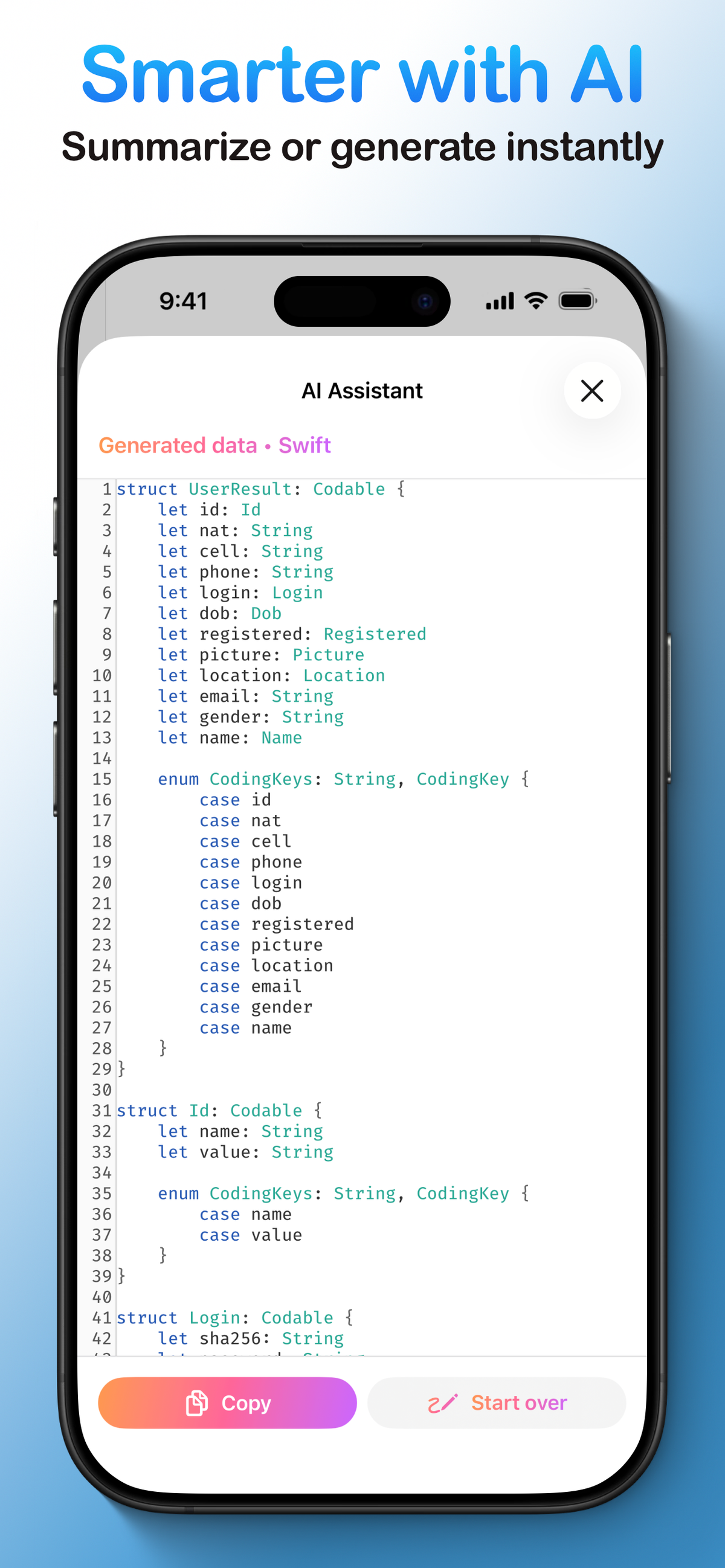 The AI Assistant feature of the mobile app generating Swift data models, including structs and enums, from an API response.