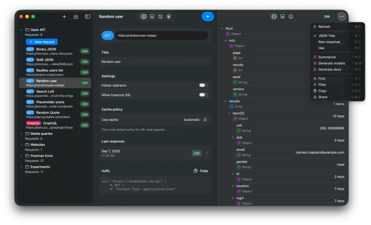API Orbit 26 on Mac showing response body options including JSON Tree, Raw, and Hex viewers
