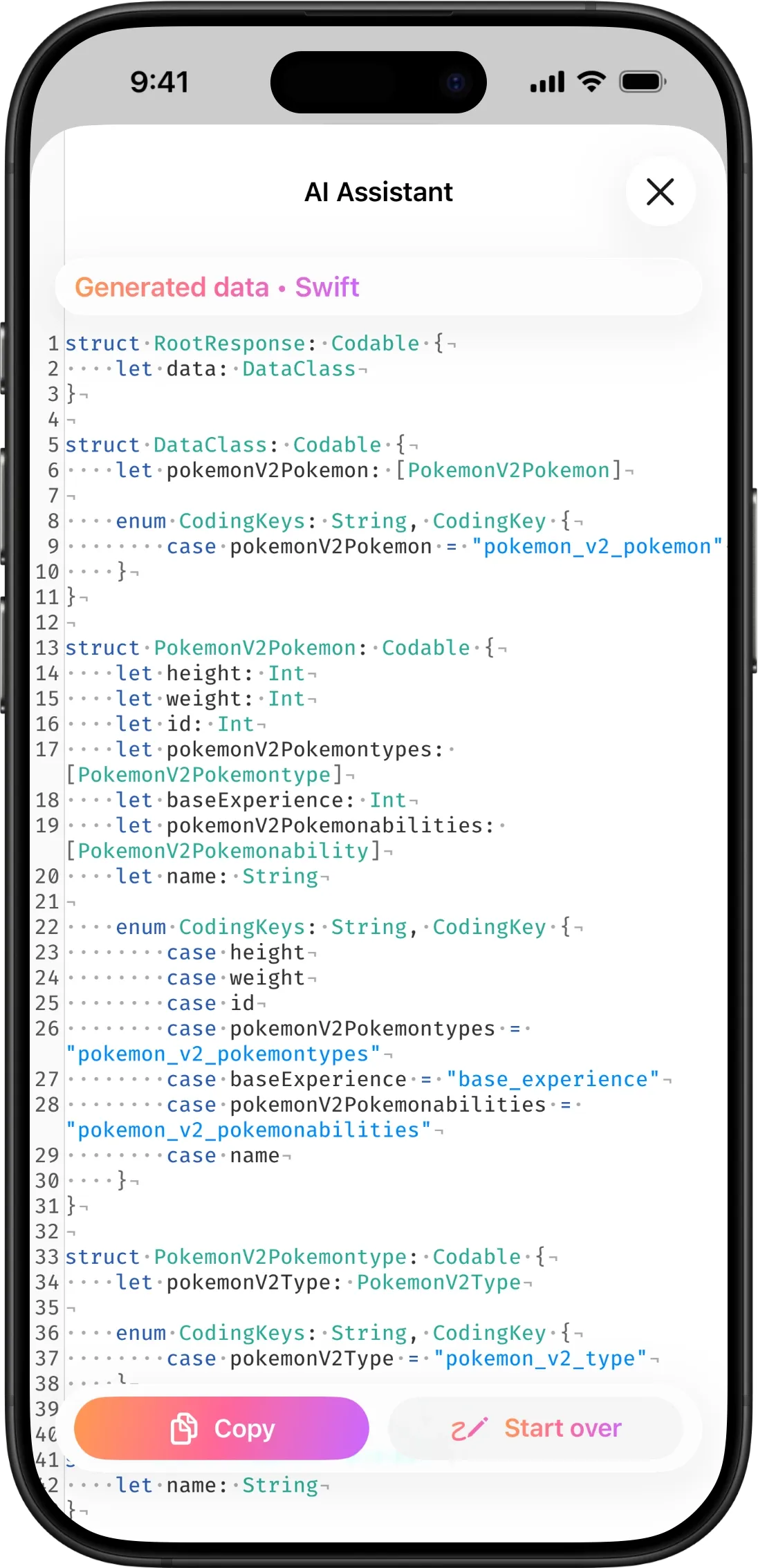 Generated Swift data model with syntax highlighting in the AI assistant