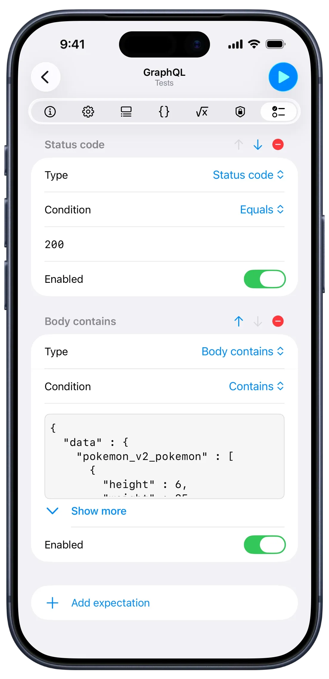 APIOrbit on iPhone showing the Tests tab for a GraphQL request, with a Status code expectation of Equals 200 and a Body contains expectation matching a JSON snippet of Pokémon data.