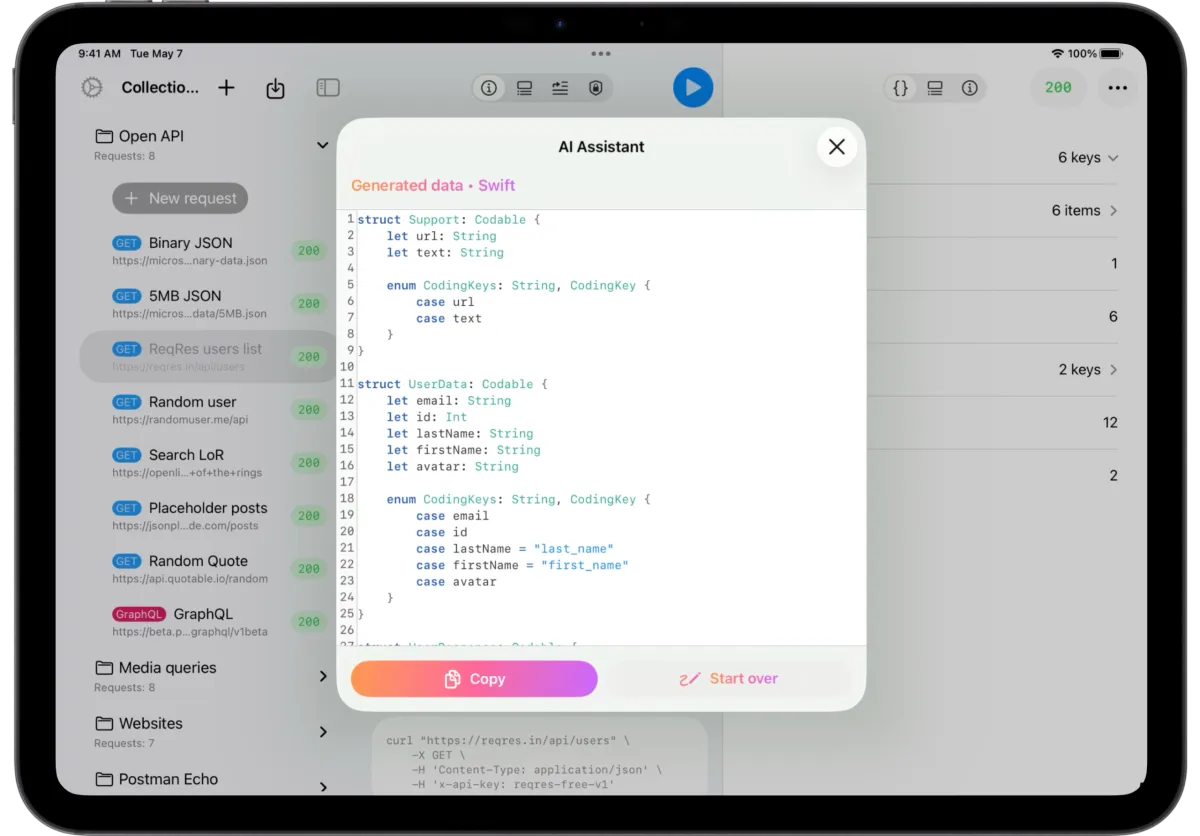API Orbit 26 AI assistant generating data models in multiple languages from JSON response
