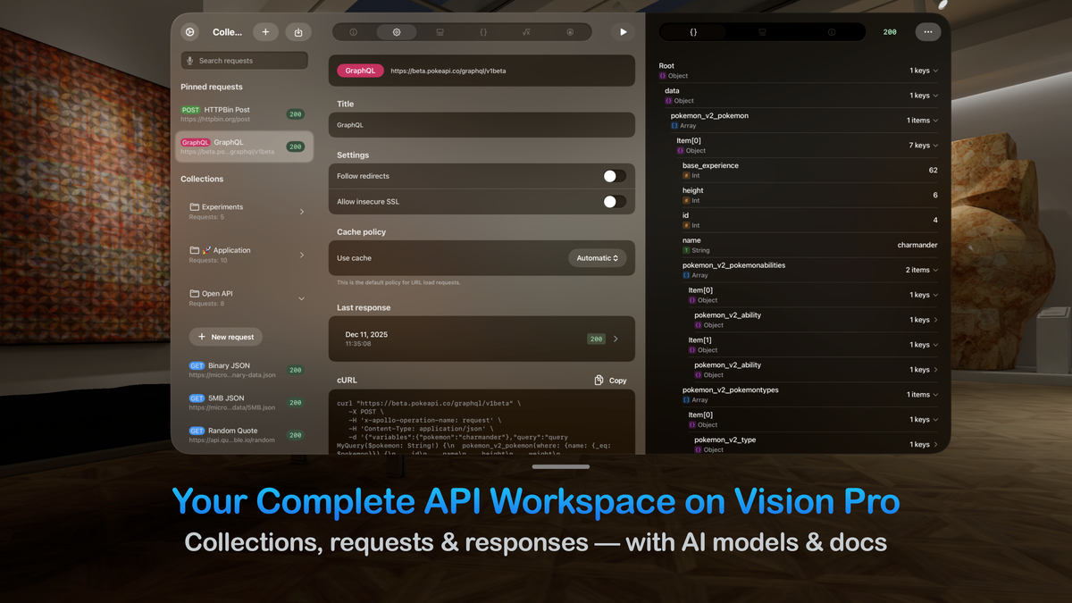 The API client app's complete workspace shown as floating panels in a visionOS environment, with collections, requests, and responses visible side-by-side.