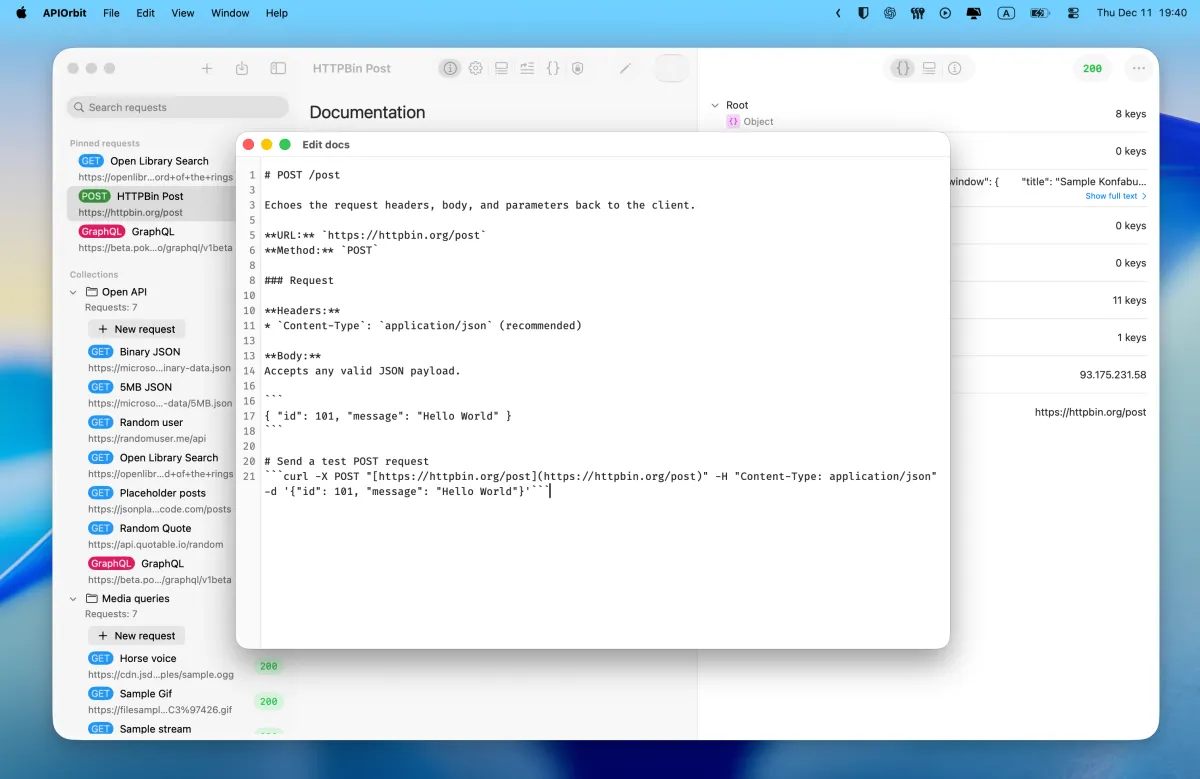 API Orbit on macOS showing the documentation editor for an HTTPBin POST request with Markdown content.