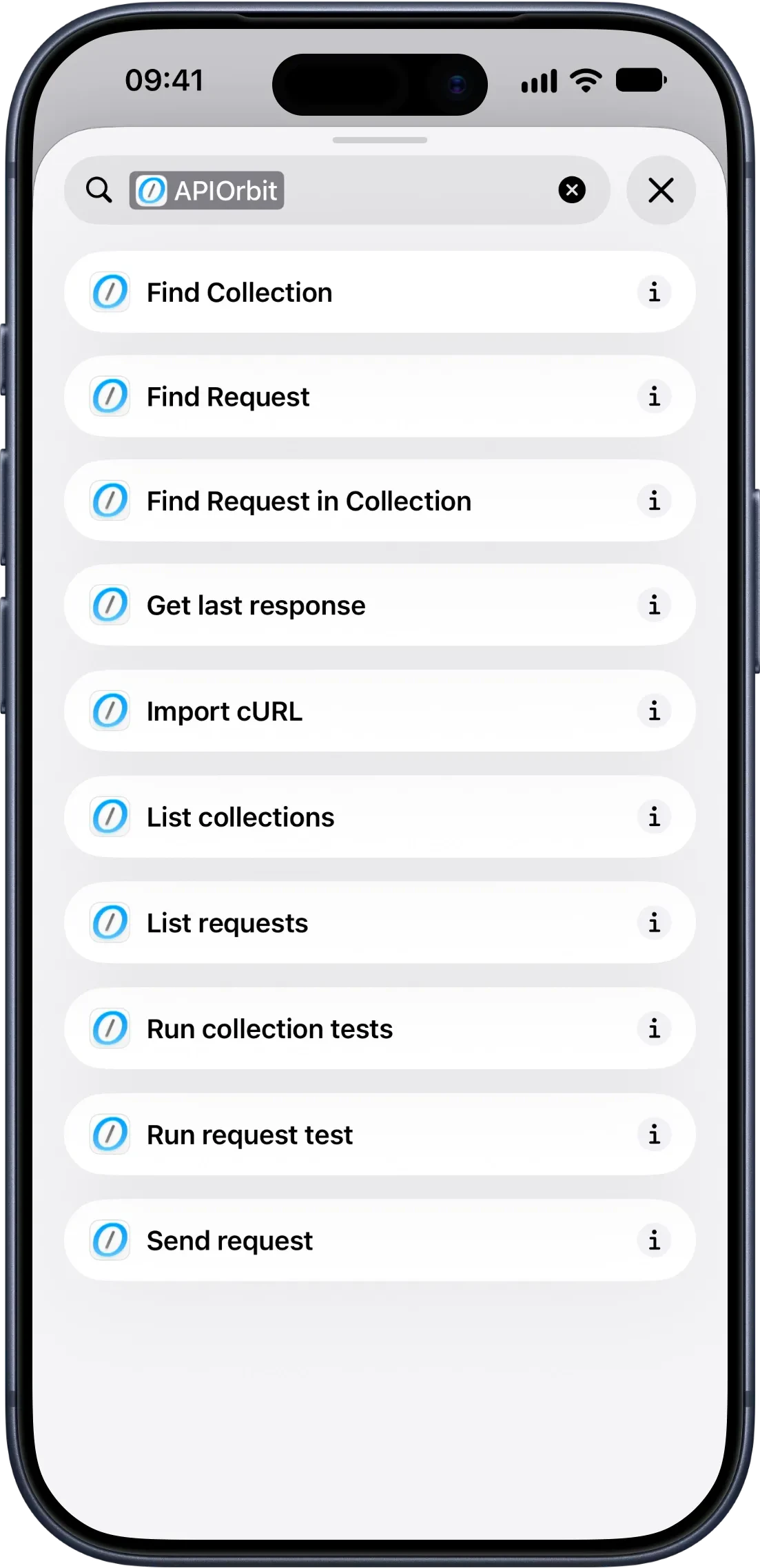 iPhone Shortcuts app search results for "APIOrbit" listing all ten available actions — Find Collection, Find Request, Find Request in Collection, Get Last Response, Import cURL, List Collections, List Requests, Run Collection Tests, Run Request Test, and Send Request