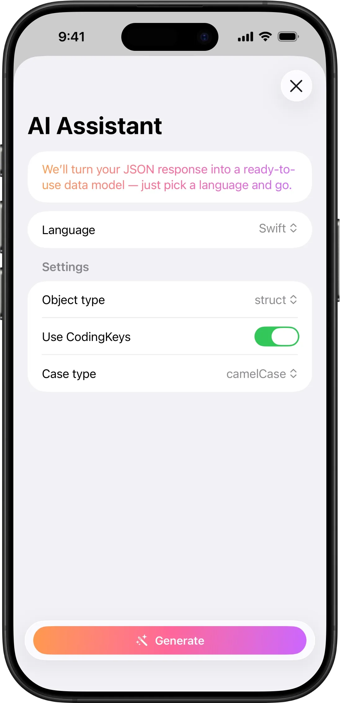 AI model generation settings with language picker and configuration options