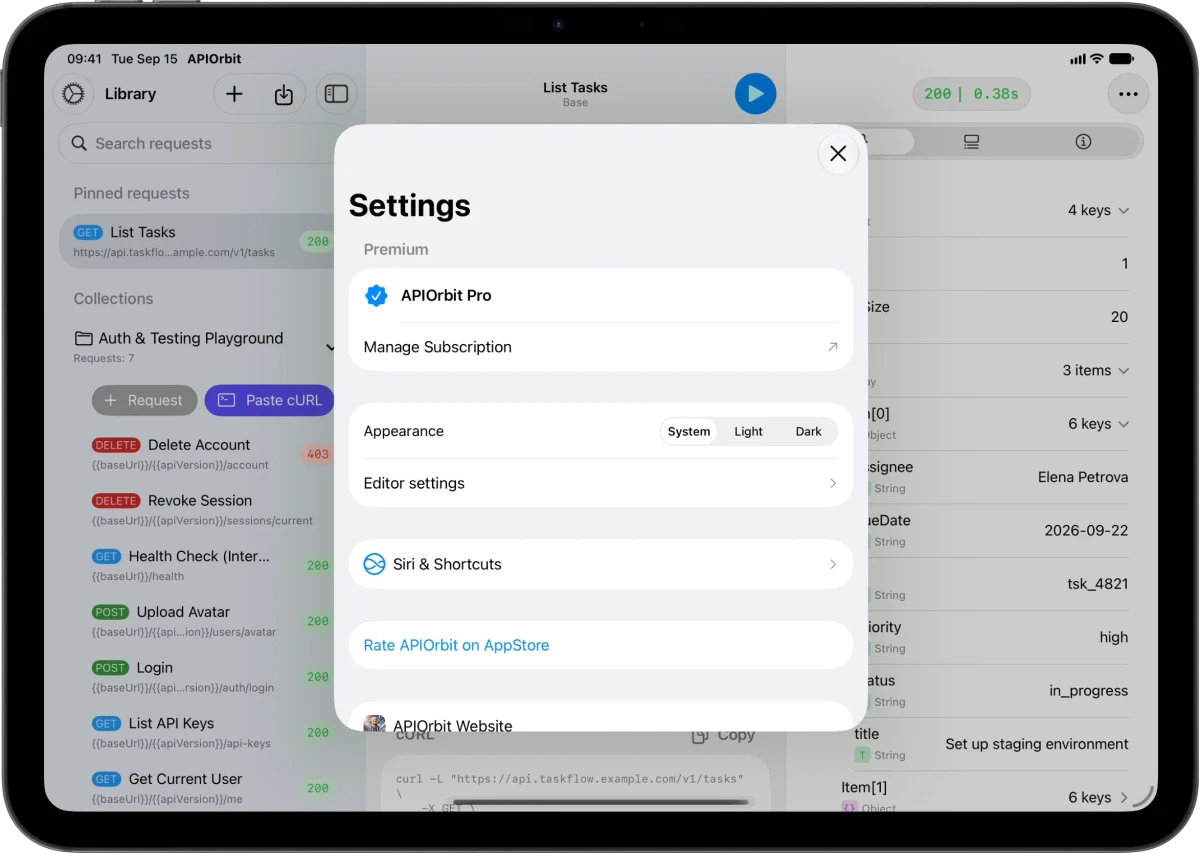 iPad Settings sheet showing a Premium section with an APIOrbit Pro row and a Manage Subscription row, followed by Appearance, Editor settings, and a dedicated Siri & Shortcuts row