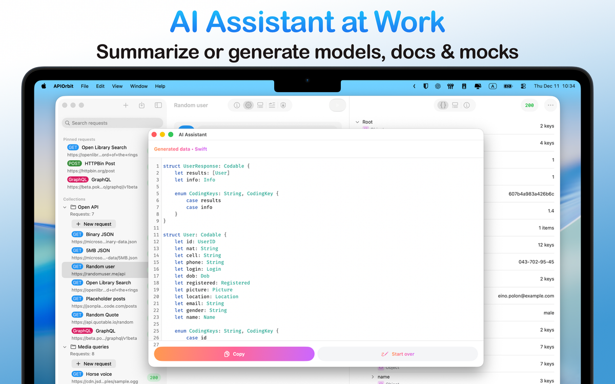 The AI Assistant in the API client app on a MacBook, generating Swift data models, documentation, or mock data.