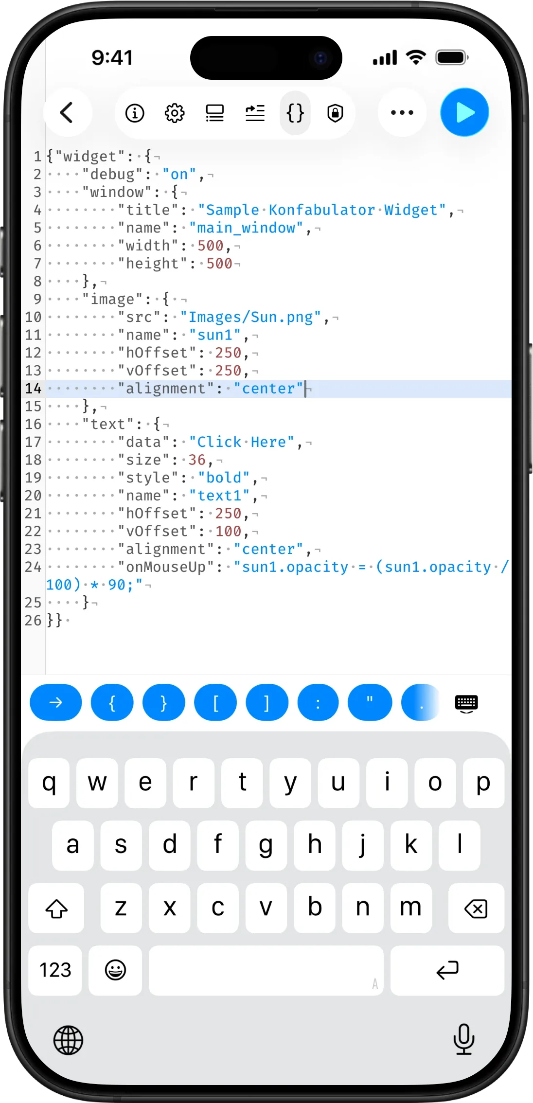 Keyboard toolbar showing JSON characters like braces, brackets, colon, and quotes