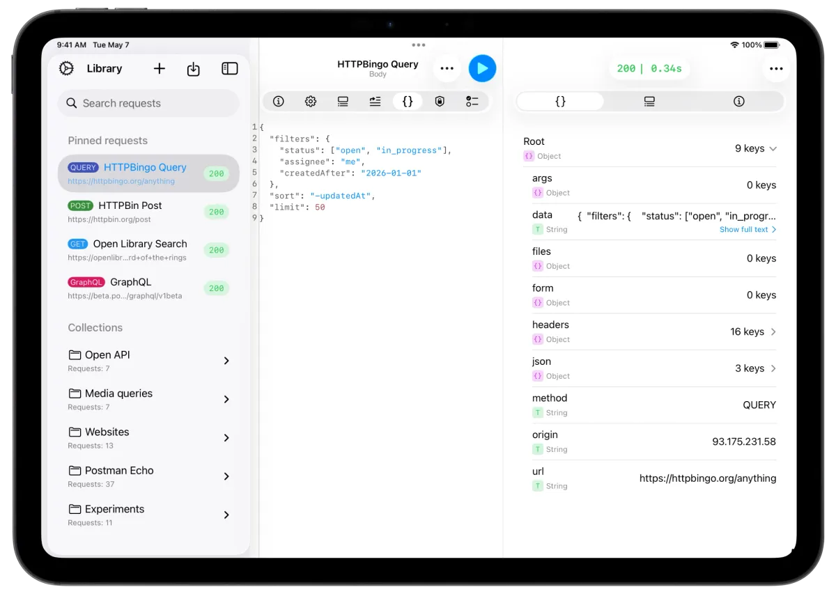 APIOrbit request builder on iPad with QUERY selected as the method and the Body tab open, showing a JSON payload with filter fields