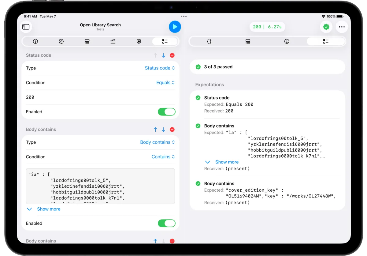 APIOrbit on iPad showing API testing: the Tests tab with Status code and Body contains expectations on the left, and a