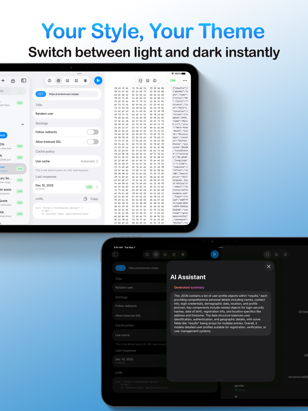 A composite image showing the API client app on a tablet in both light and dark themes to demonstrate the instant theme-switching feature.