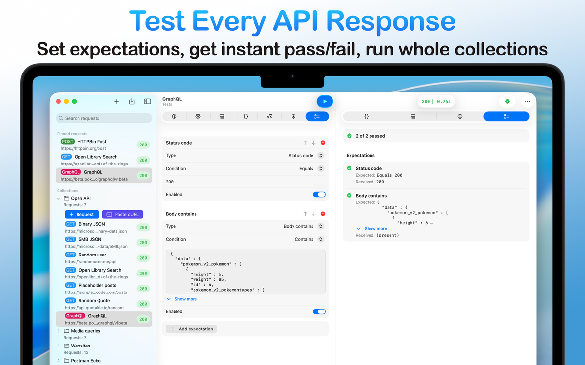 API Orbit on Mac with the headline "Test Every API Response — Set expectations, get instant pass/fail, run whole collections," showing a collection sidebar, test expectations, and a "2 of 2 passed" results panel.